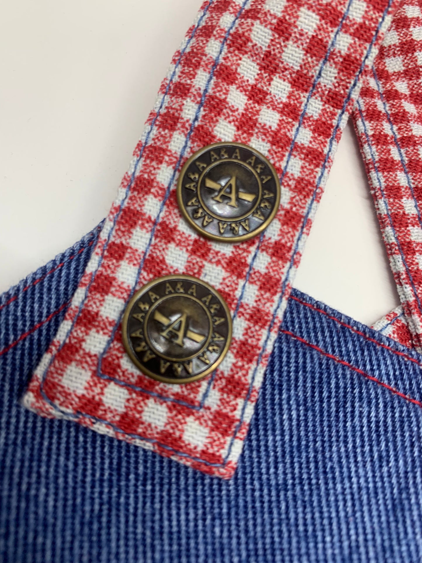 Dog overall dress with red white details and functional heart pocket