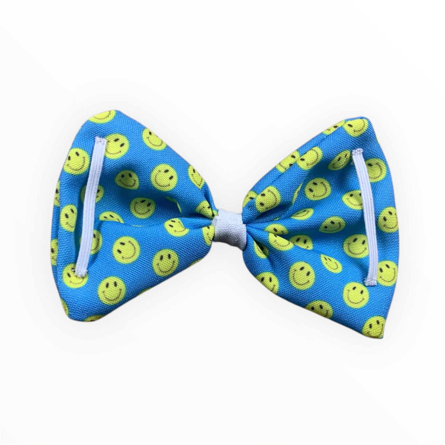 Smiley face with blue background handmade dog bowtie. Exclusive design