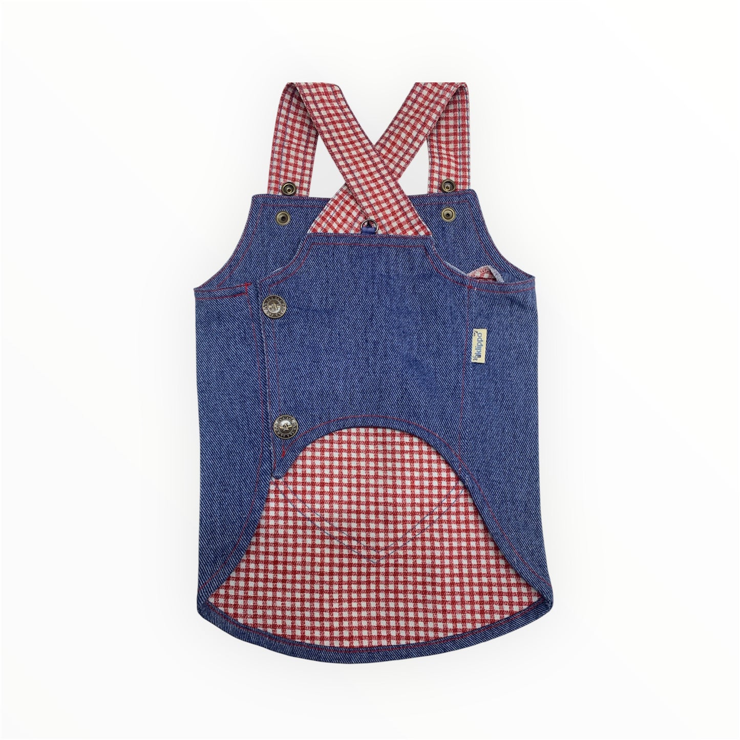 Dog overall dress with red white details and functional heart pocket