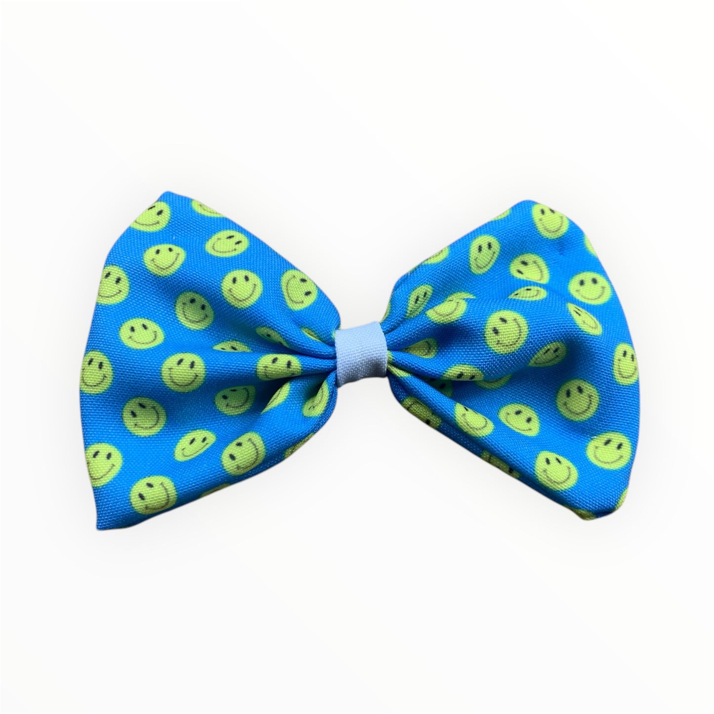Smiley face with blue background handmade dog bowtie. Exclusive design