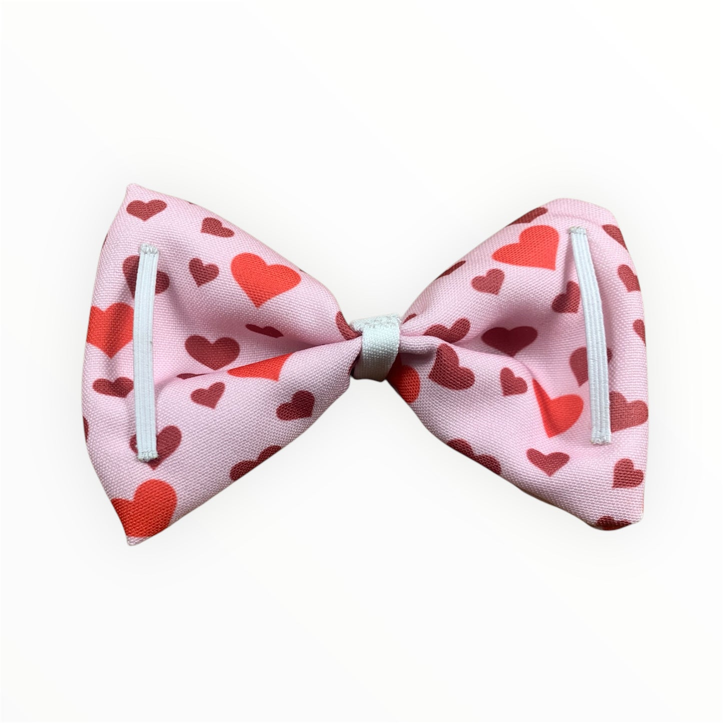 Red and pink hearts handmade dog bowtie. Exclusive print