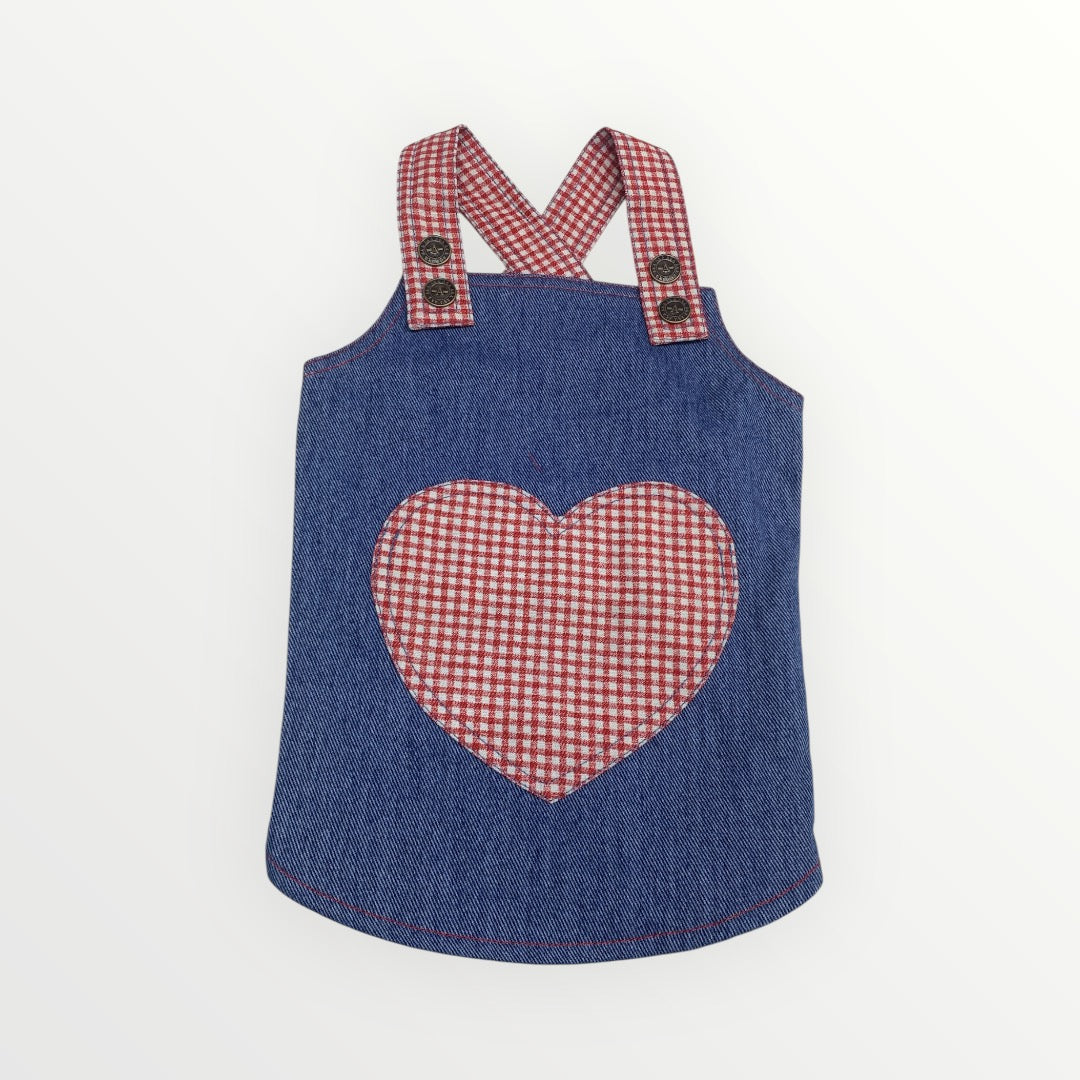 Dog overall dress with red and white details