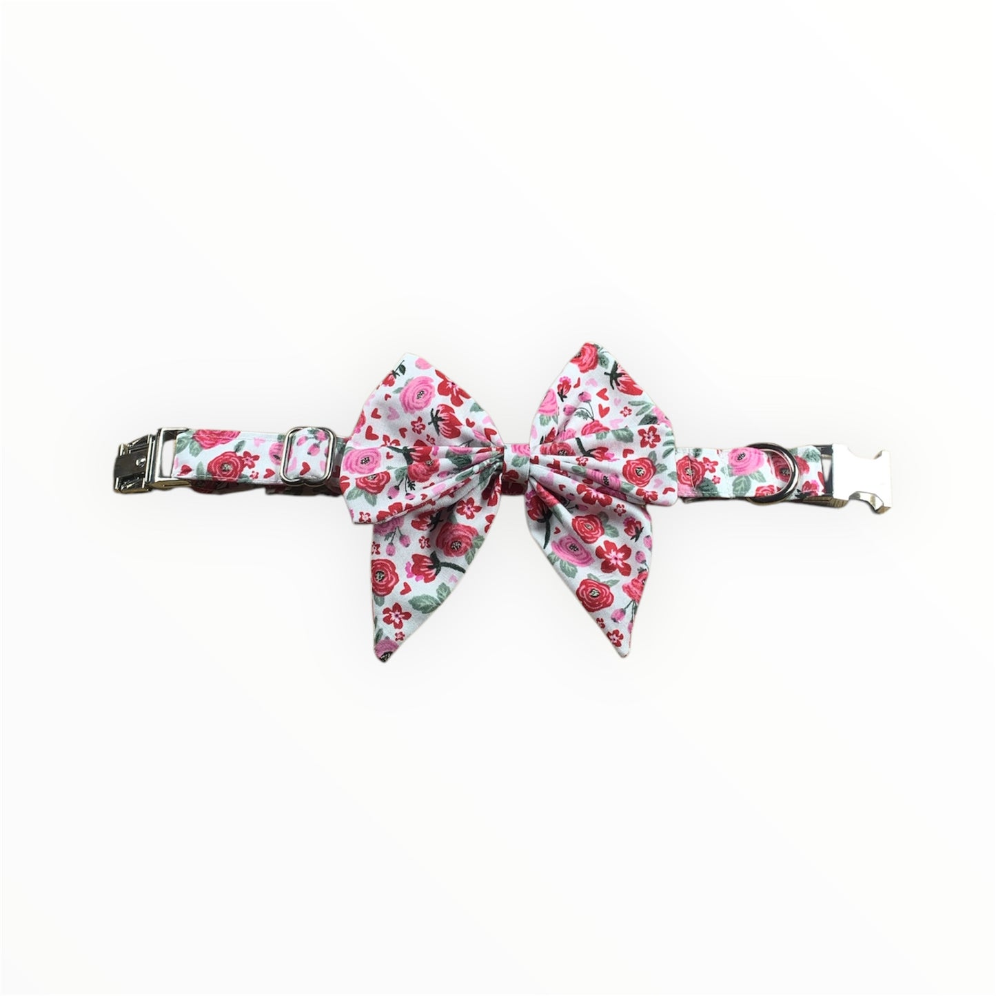 Valentine’s Exclusive: Handmade Cotton Dog Collar with Detachable Bow Tie. Pink and red flowers. Metal buckle