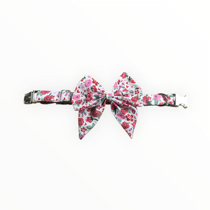 Valentine’s Exclusive: Handmade Cotton Dog Collar with Detachable Bow Tie. Pink and red flowers. Metal buckle