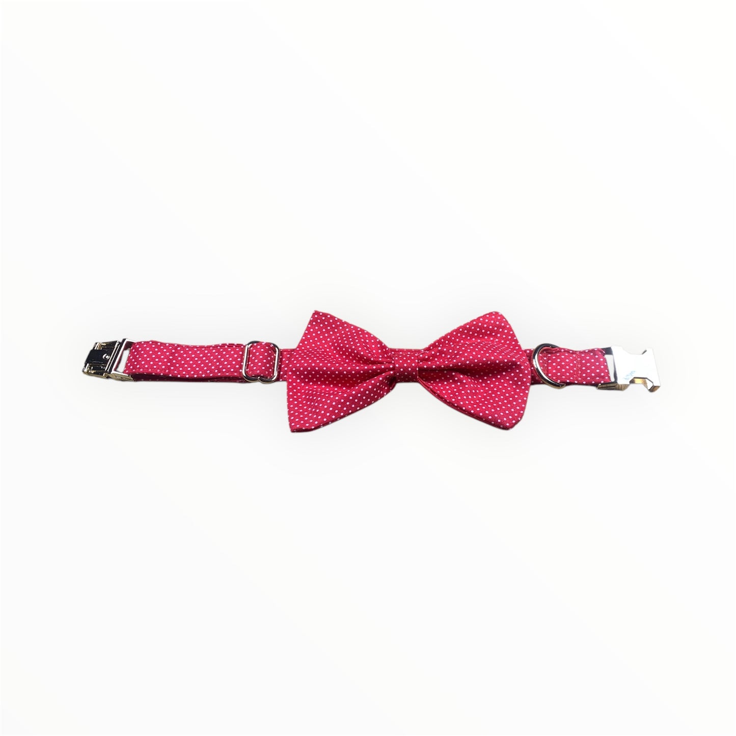 Valentine’s Exclusive: Handmade Cotton Dog Collar with Detachable Bow Tie. Red and white polka dots. Metal buckle