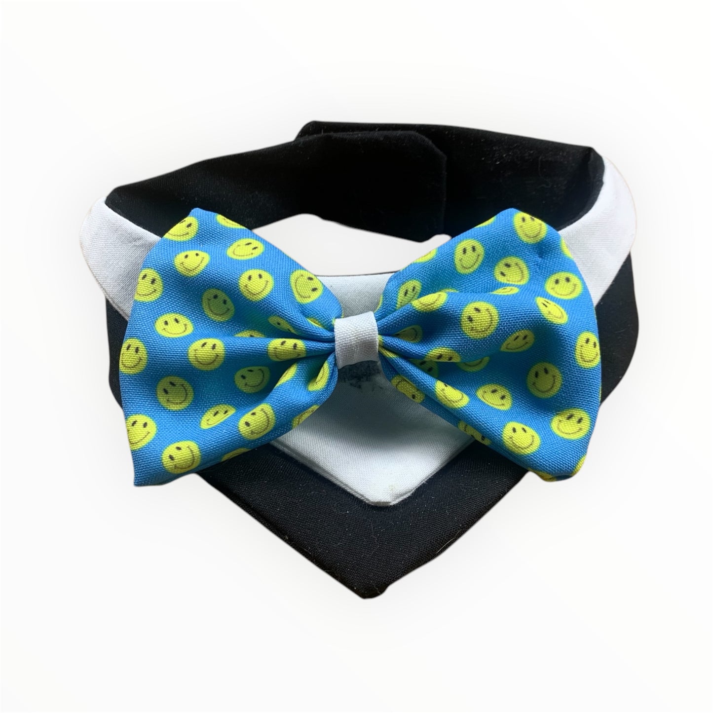 Handmade dog tuxedo with vibrant bowtie.