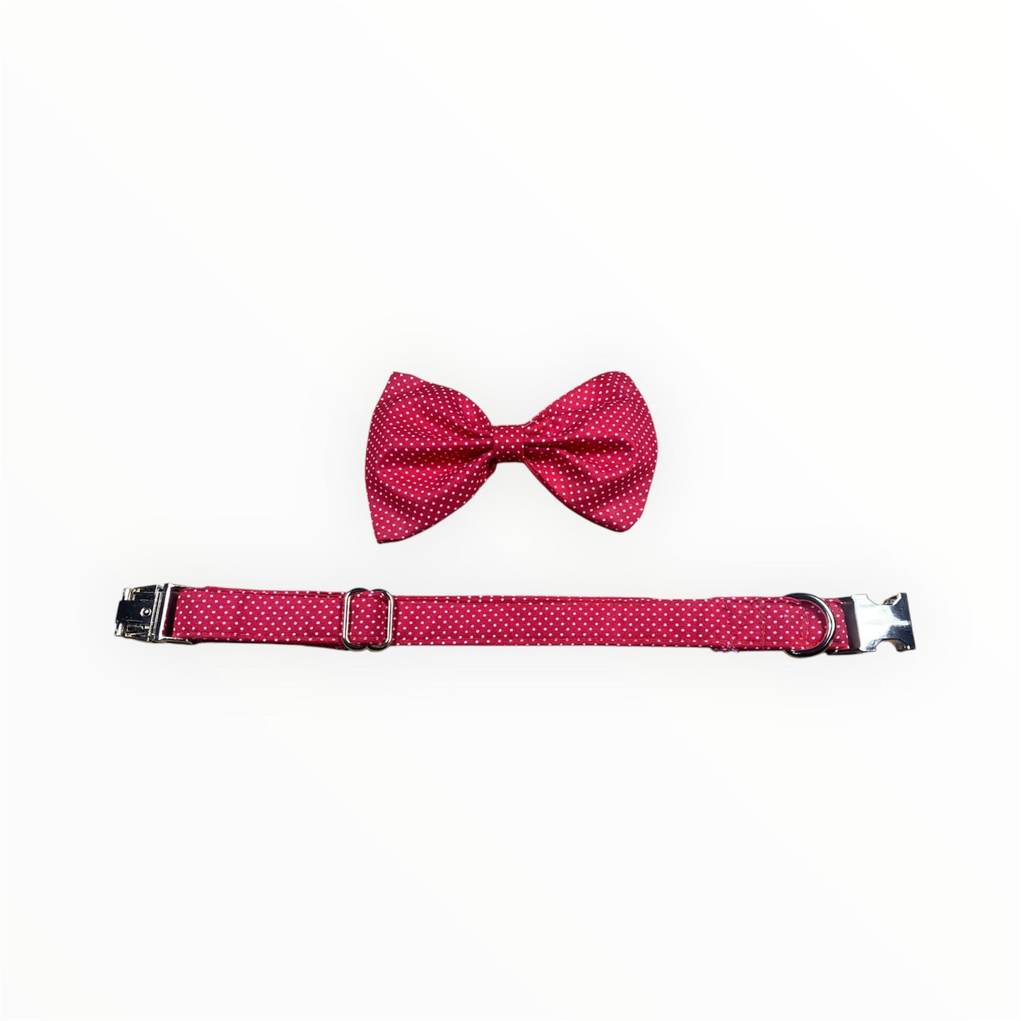 Valentine’s Exclusive: Handmade Cotton Dog Collar with Detachable Bow Tie. Red and white polka dots. Metal buckle