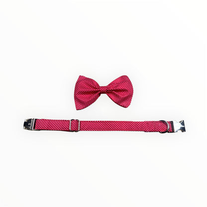 Valentine’s Exclusive: Handmade Cotton Dog Collar with Detachable Bow Tie. Red and white polka dots. Metal buckle