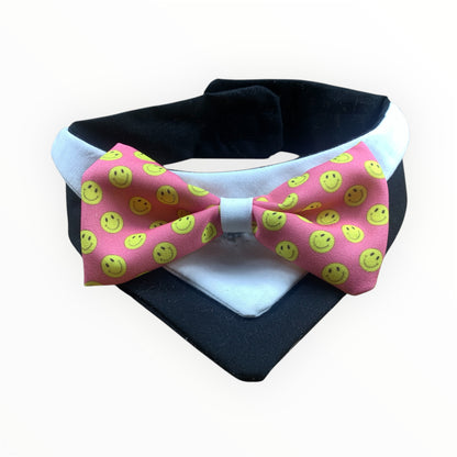 Handmade dog tuxedo with vibrant bowtie.