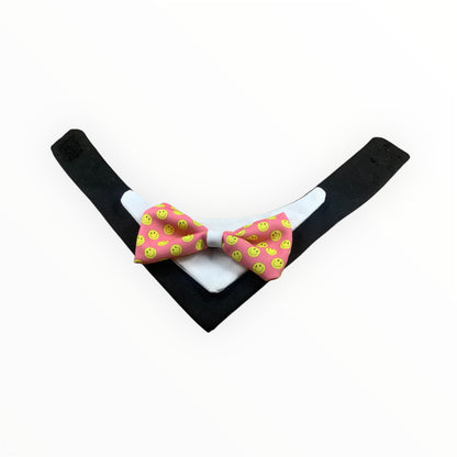 Handmade dog tuxedo with vibrant bowtie.