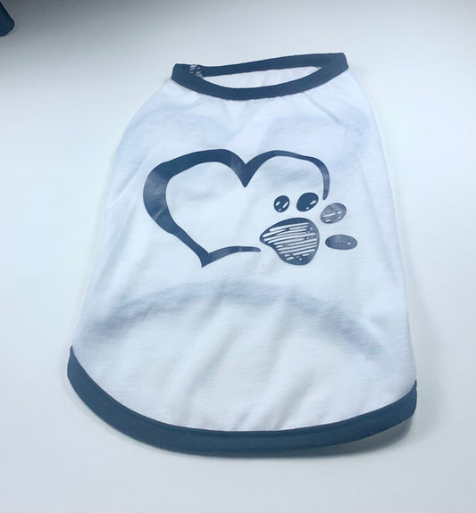 white shirt for dogs and cats with heart paw print in black