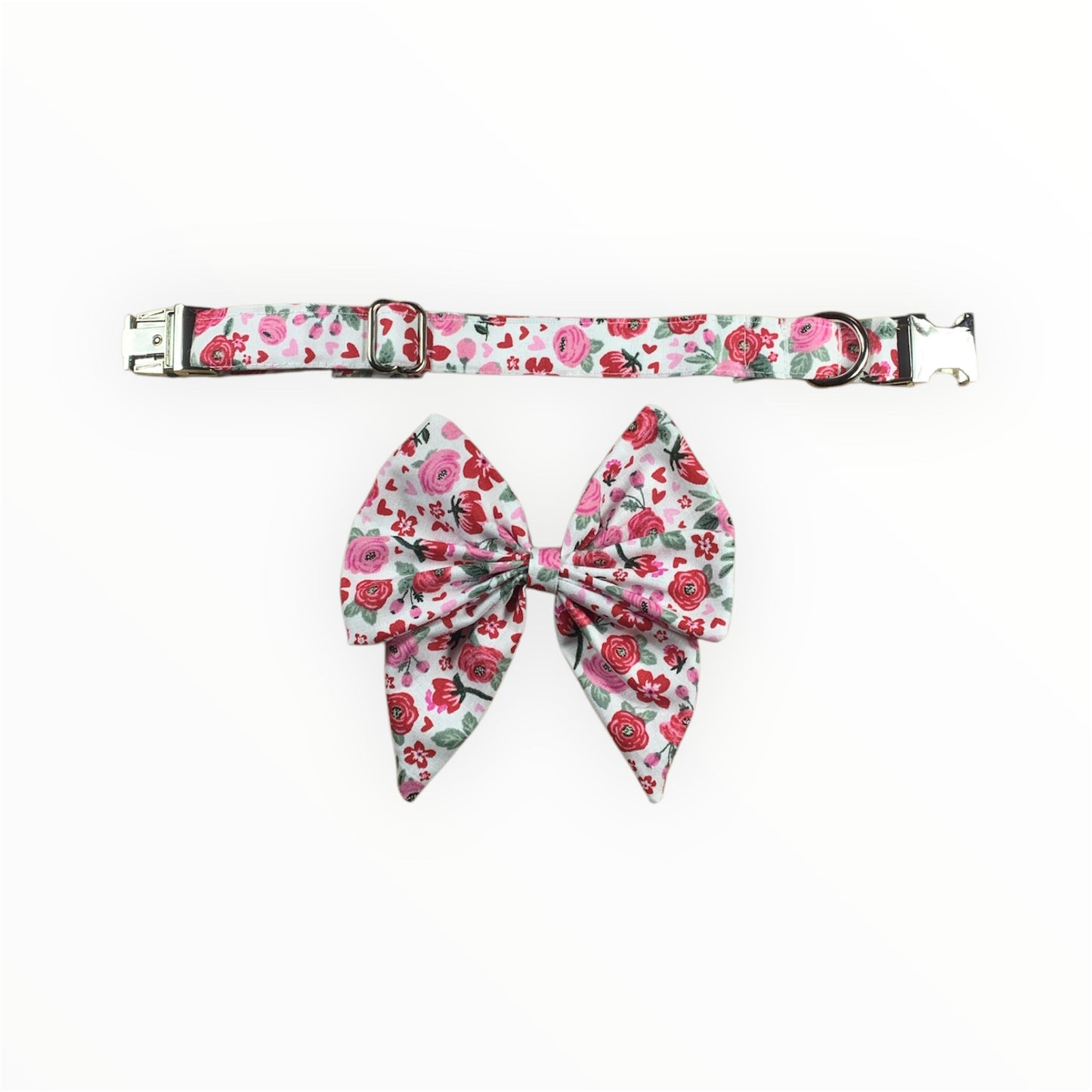 Valentine’s Exclusive: Handmade Cotton Dog Collar with Detachable Bow Tie. Pink and red flowers. Metal buckle