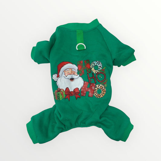 Dog pajama. Green with a santa design.