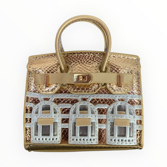 Gold poopy bag holder for outings and walks with your dog. faux birkin barkin