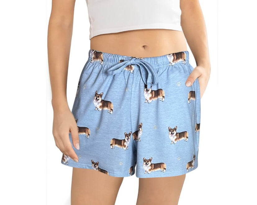 pajama shorts with corgi dog design in blue