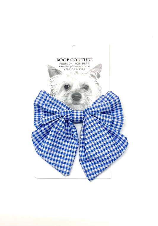 Oversized handmade dog bowtie gingham blue white