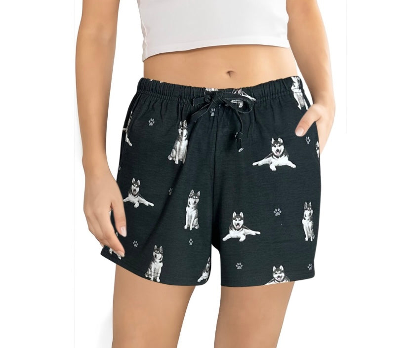 black pajama shorts with husky dog design